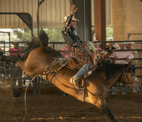 Mason Ortego of St. Francisville, Louisiana competes in Bareback Riding.