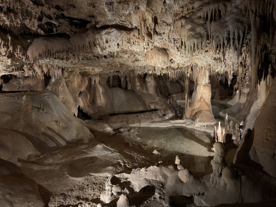 The caverns within the cave feature a variety of rock types and water pools.