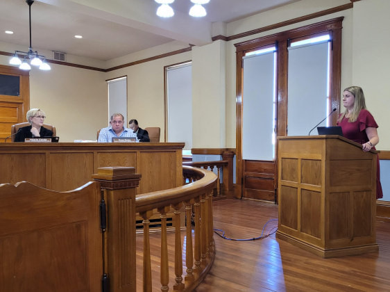 County Commissioner Valery Covey asked a question to Wilco Senior Director of HR Rebecca Clemons about the Salary Study at the July 18 meeting. Photo by Nalani Nuylan.