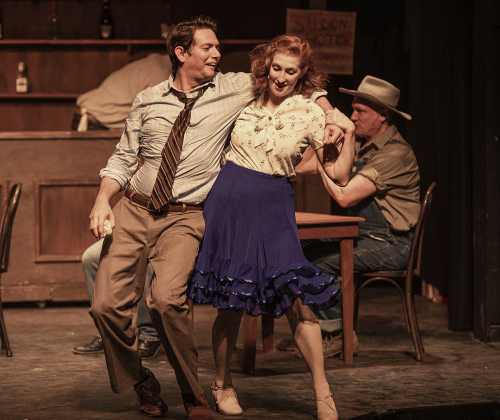 Evan Scott, left, as Bobby Child, and Elysia Worcester, playing Polly Baker, are shown in a scene from the Thursday, June 29, 2023 dress rehearsal of "Crazy for You," playing on the Palace's Springer Stage through July 30.  Photos by Andy Sharp