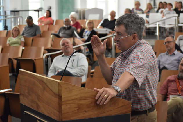 Bob Templton of Zonda Education tells trustees July 17 that GISD is No. 2 in new home closings in metro area. Photo by Katherine Anthony