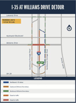 This map displays the street closures and alternative routes that will be available. Courtesy TxDOT.