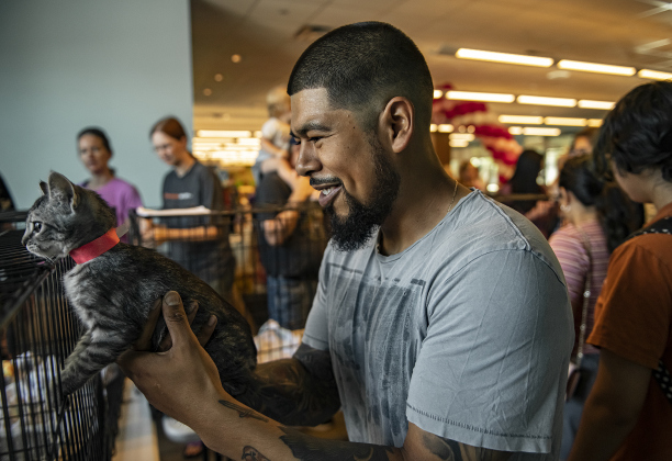 Eusebio Teliz spends time with a kitten.