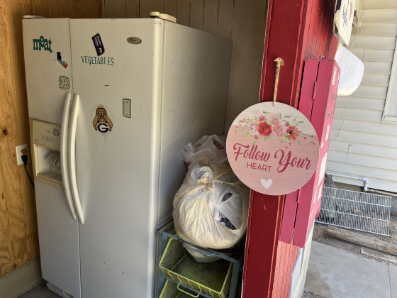 A refrigerator holds fresh produce and meat.