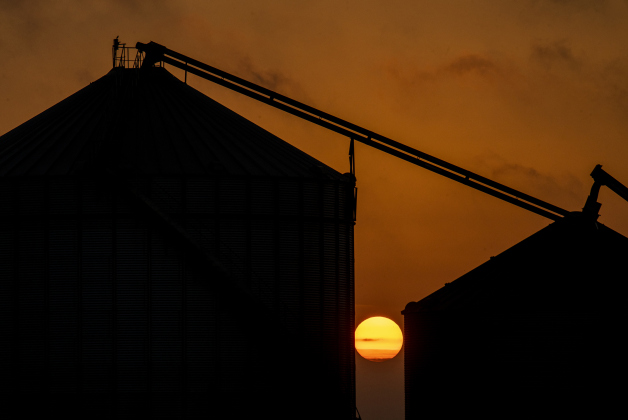 The sun rises beyond Raesz family grain elevators along County Road 369 about four minutes past the 6:54a.m. sunrise  on Saturday, August 12.