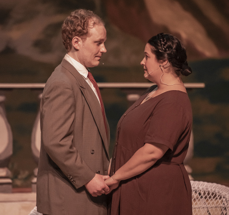 Creighton Moench, left, playing Captain Georg Von Trapp, and Cassidy Thompson, right, as Maria Rainer, are shown in a Thursday, August 17, 2023 scene from the Georgetown Palace production of "The Sound of Music," playing on the Springer Stage through September 17.  Photo by Andy Sharp.