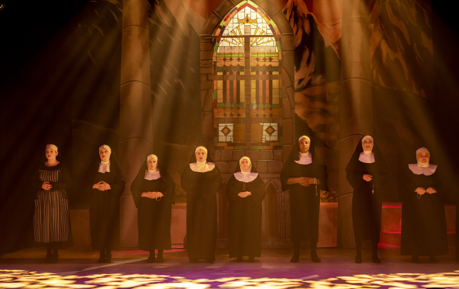 Nuns gather onstage in an opening scene from the Thursday, August 17, 2023 dress rehearsal  of the Georgetown Palace production of "The Sound of Music," playing on the Springer Stage through September 17.  Photo by Andy Sharp.