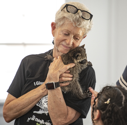 All Things Wild Rehabilitation founder Helen Laughlin cuddles  a 5-week-old raccoon during a class about raccoon care before returning them to natural habitats, on Saturday, July 29, 2023.