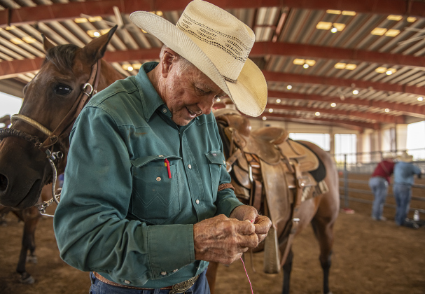 Dayton Harper, 86, of San Angelo is shown with his horse Dolly (who he also calls Lucky) before they competed in 80s Breakaway Roping.