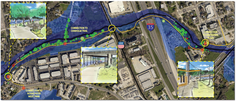 Map shows Lake Creek Trail and mock-ups for potential projects. Illustrations courtesy of The City of Round Roc.k