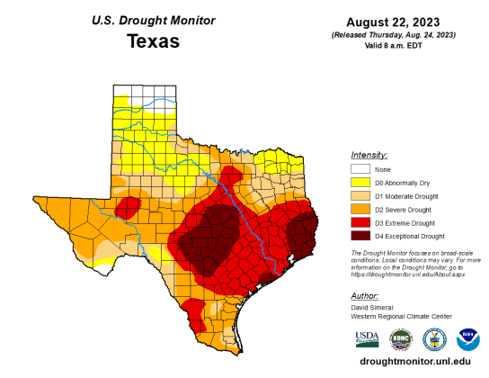 Map of the most recent drought conditions in Texas, which has reached the “exceptional” level in Williamson County — the worst possible. Courtesy of U.S. Drought Monitor.