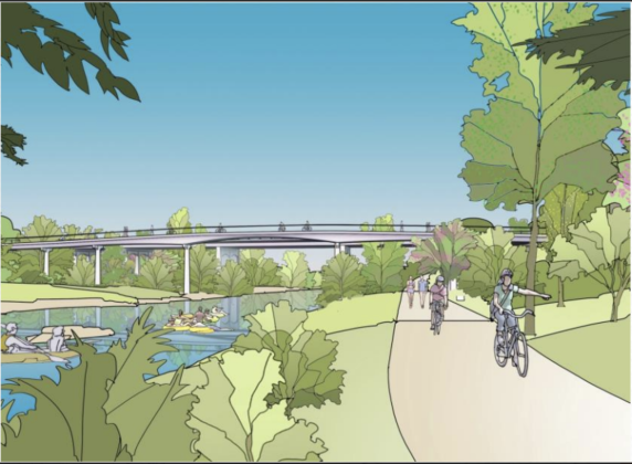 The first bridge design features a lower railing for pedestrians and cyclists. (Courtesy Rosales + Partners, Inc.)