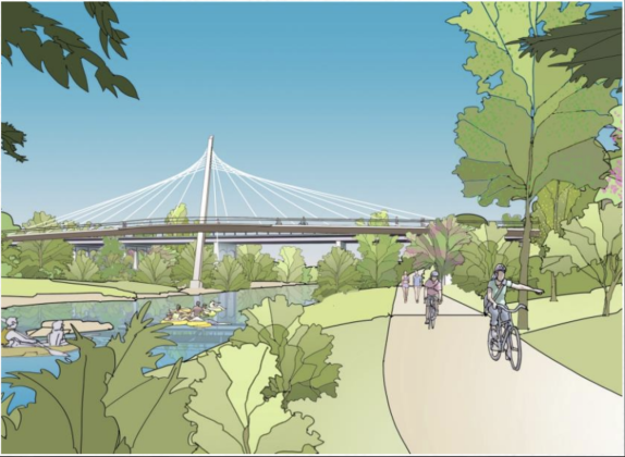 The third bridge design features one main structural tower. (Courtesy Rosales + Partners, Inc.)