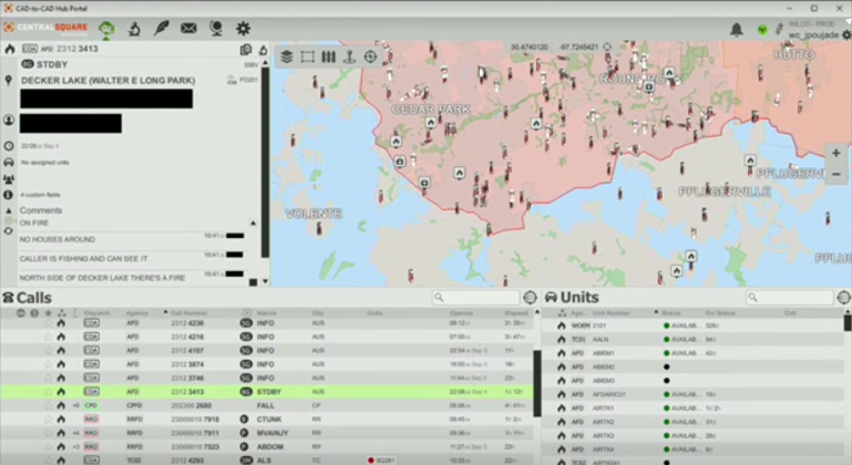 A screenshot of the computer-aided dispatch system Unify shows how the system works to send emergency services to residents. Courtesy Williamson County.
