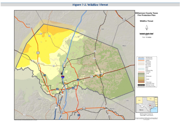 A map from the Williamson County Fire Protection Plan shows which part of the county is most threatened by a wildfire. Map courtesy of Williamson County.