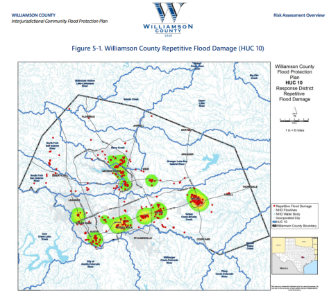Map shows areas with a history of flood damage in the county. The latest “historic” flood occurred in June 2018. Map courtesy Williamson County.