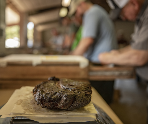 A  boneless brisket weighing a little over three pounds is seen  in the smoking pit area. Brisket was for sale at $17 a pound if attendees preferred meat to take home.