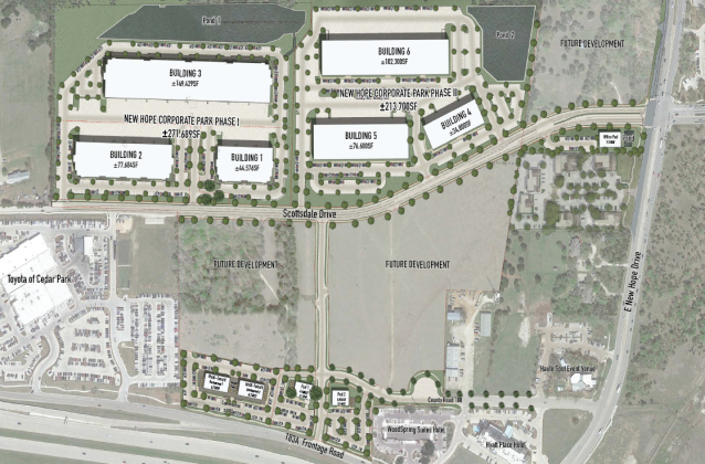 Map shows rendering of New Hope Corporate Park buildings and location. Illustration courtesy of Meredith Bender.
