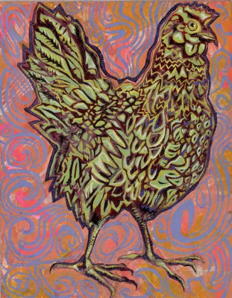Jason Wallerstein’s “Funky Chicken” is acrylic on birchwood panel is on display at Papi’s Pies.