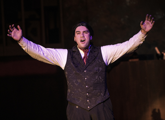 Cayden Couchman, playing Henry Jekyll and Edward Hyde, is pictured as Jekyll in a Thursday, October 5, 2023 dress rehearsal of "Jekyll &amp; Hyde," playing on the Palace's Springer Stage through November 5.    Photo by Andy Sharp.