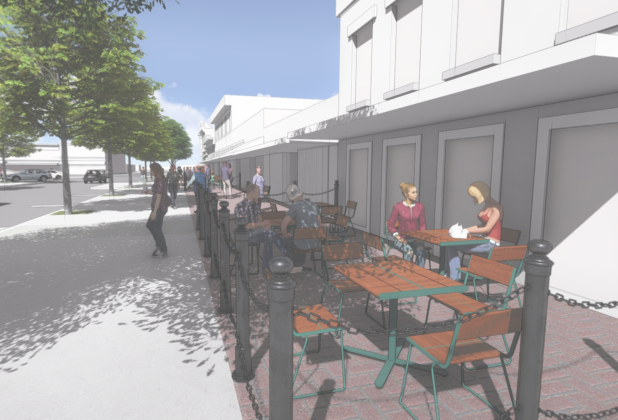 Although a conceptual design for the second option to redesign the Square, both options include space for outdoor dining and shopping. (Courtesy DW Legacy Design)