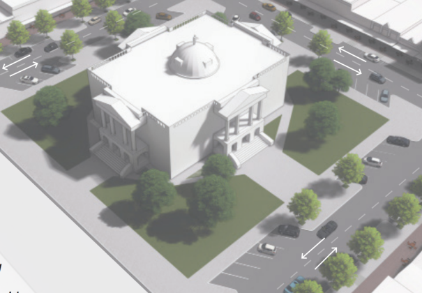 The second option retains the parking around the courthouse, but alters the parking available on the other side of the street. (Courtesy DW Legacy Design)