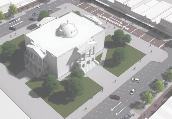 The first option would alter parking availability downtown and would see a change in traffic flow. (Courtesy DW Legacy Design)
