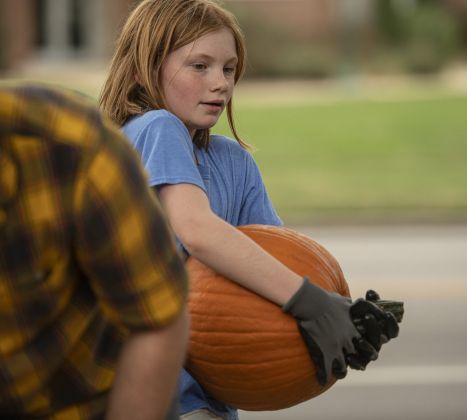 9-year-old Adeline Lake helps place  pumpkins.