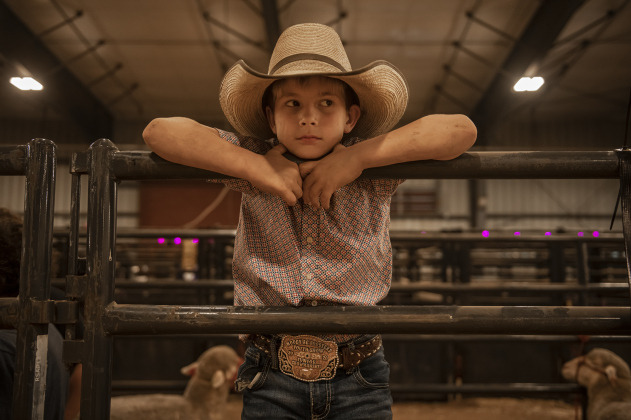 7-year-old Bradley Martin of Moody, Texas gets ready to watch his sister Zoey Martin, 13, show her ram named Booshie during the Chisholm Trail Showdown Breeding Sheep Show, held Thursday, October 26, 2023 at the Williamson County Expo Center during the Williamson County Fair and Rodeo.  Bradley would later show his own sheep entry.