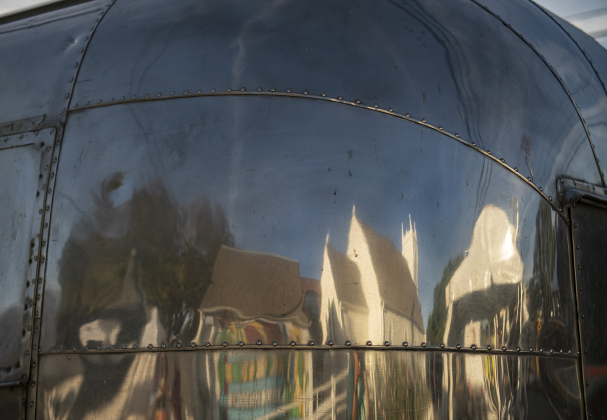 Grace Heritage Center is reflected in a vintage Airstream owned by YoYo Bubble Tea at the South Main Arts Festival on Saturday, October 21, 2023.