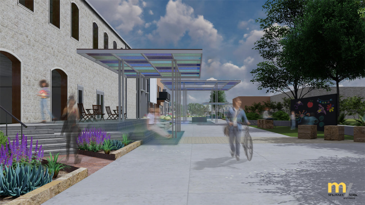 Rendering shows the proposed walkway, also known as a Paseo, from Liberty Avenue to Main Street in Round Rock. The walkway is set to connect Prete Plaza to the Round Rock Public Library. Illustration courtesy of McKinney York Architects.