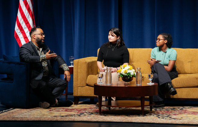 Kevin Young on the Q&amp;A panel following the lecture, hosted by Natalie Gonzales (left) and McKenzie Rentie.