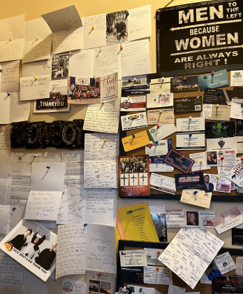 Thank you notes are taped on the wall in Thrall Diner.