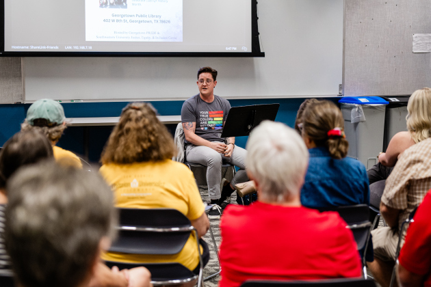 The Reverend Milo Grant speaks at an event at the Georgetown Public Library October 26, ahead of Georgetown Pride’s block party in the parking lot.  (Photo courtesy Todd White/Southwestern University)