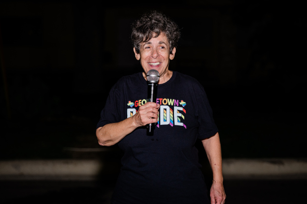 Georgetown Pride and PFlag Founder Jo Ivester addresses the crowd during the Coming Out Block Party October 26.  (Photo courtesy Todd White/Southwestern University)