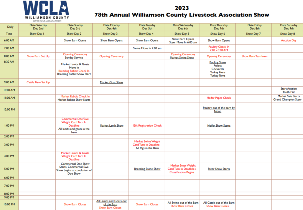 Schedule lays out the events of the Williamson County Livestock Association Show. Courtesy of Williamson County Livestock Association..