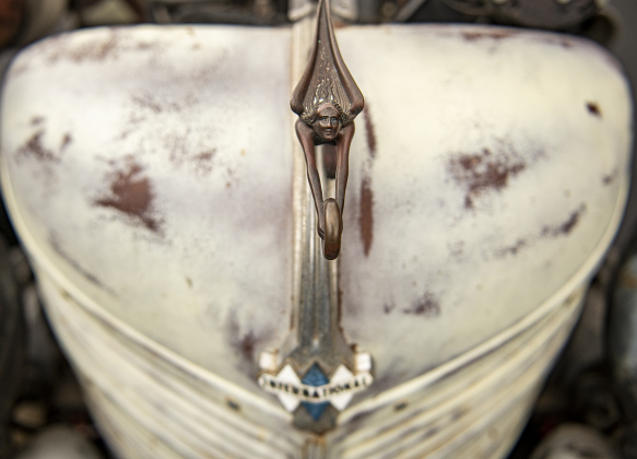 A hood ornament adorns the front of a 1937 International D-2 pickup truck owned by Wayne Waters of Montgomery, Texas at Taylor's Main Street Car Show on Saturday, October 28, 2023.