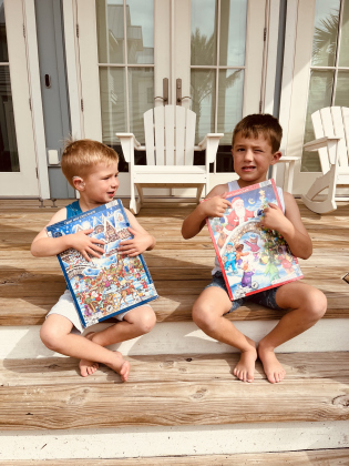 Linda Dwyer’s grandsons, Hudson and Cole Dwyer, with Aldi Advent calendars.