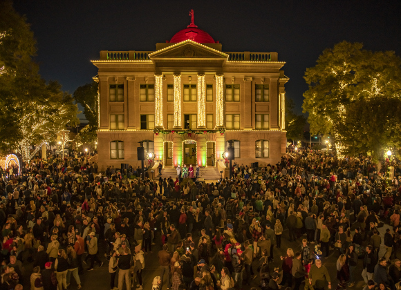 The Williamson County Courthouse was adorned with light  during the Lighting of the Square on Friday, November 24, 2023.  Main Street, seen here, was covered with attendees.