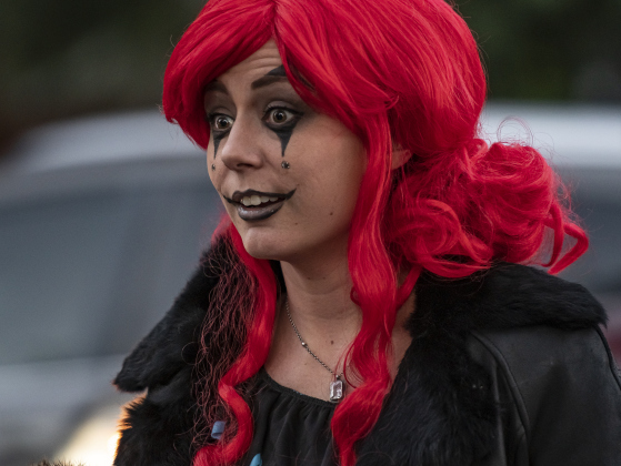 Katelynn Landgraf, in her clown persona,  enjoyed Halloween on  Main Street in Old Town on Tuesday, October 31, 2023.