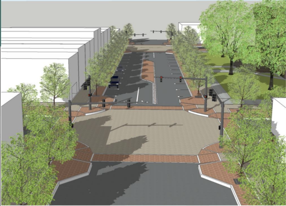One of the proposed concepts for lane reduction in downtown would see a new median/turn lane implemented. (Renderings courtesy of the City of Georgetown)