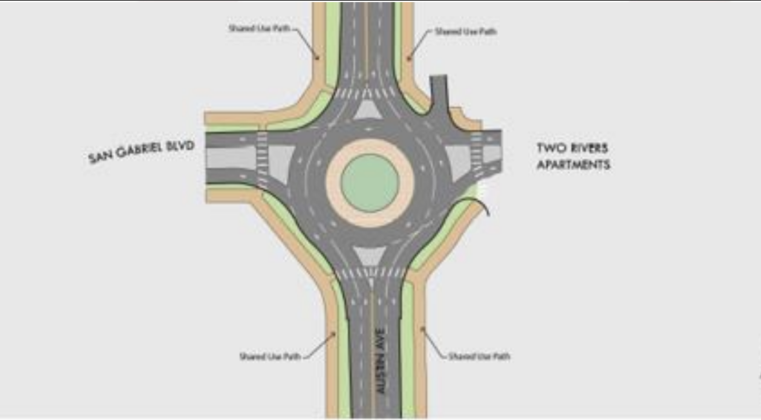 The roundabout idea proposed for San Gabriel Boulevard would border the Two Rivers Apartment complex. (Renderings courtesy of the City of Georgetown)