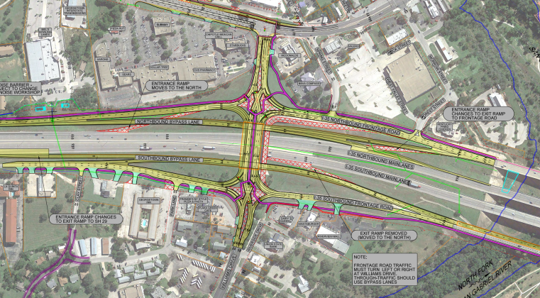 A map shows the new configuration for the Williams Drive bridge over Interstate 35.