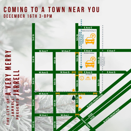 A map shows the parking and vendor locations for the A Very Merry Jarrell Christmas Festival.  Illustration courtesy of the City of Jarrell.