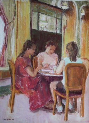 “Vienna Coffee House” by Jan Frazier is on display in the Palace Theatre’s lobby complimenting the romantic comedy “She Loves Me.”