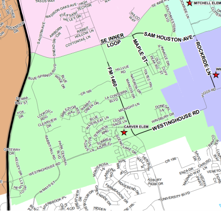 Carver Elementary School's attendance zone is in green.