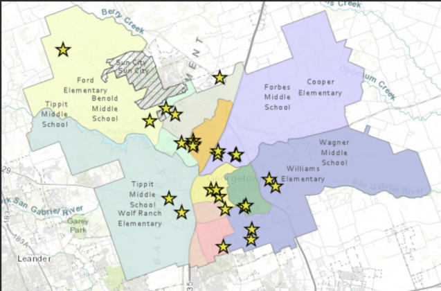 GISD school board members help make decisions that would impact the entire school district, which expands beyond Georgetown city limits. Georgetown’s current schools are marked by stars. (Courtesy GISD)