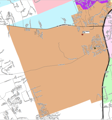 Wolf Ranch Elementary School's attendance zone is highlighted in dark orange.