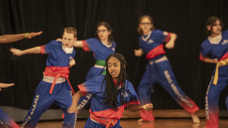 Members of the Kickstart Kids Karate class from Tippit Middle School perform during the Georgetown Independent School District State of the District event held at GISD headquarters on Thursday, February 15, 2024.    Photo by Andy Sharp.