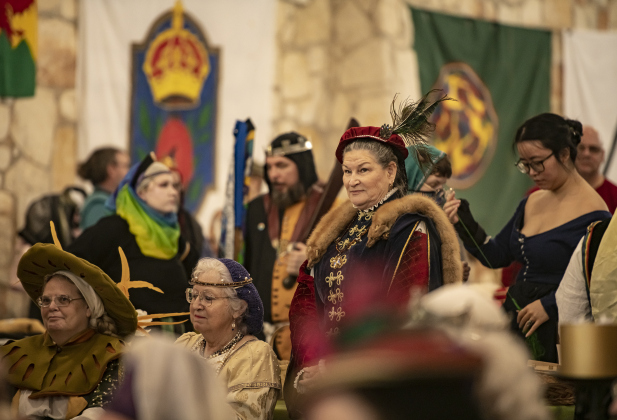 A group dressed in pre-17th Century costumes comes together at the San Gabriel Community Center on Saturday, February 3, 2024.